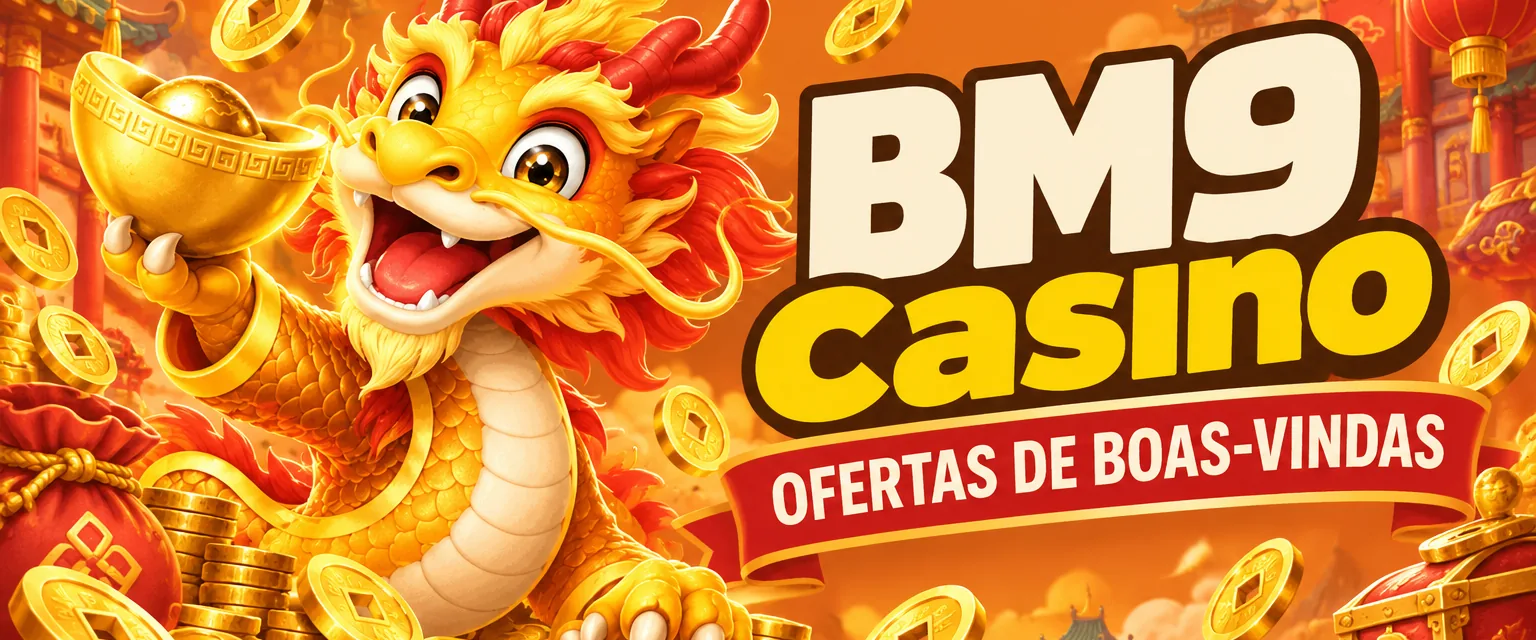 Banner do BM9 Casino com dragão dourado do Fortune Dragon e o bônus de 100% até R$ 1.200